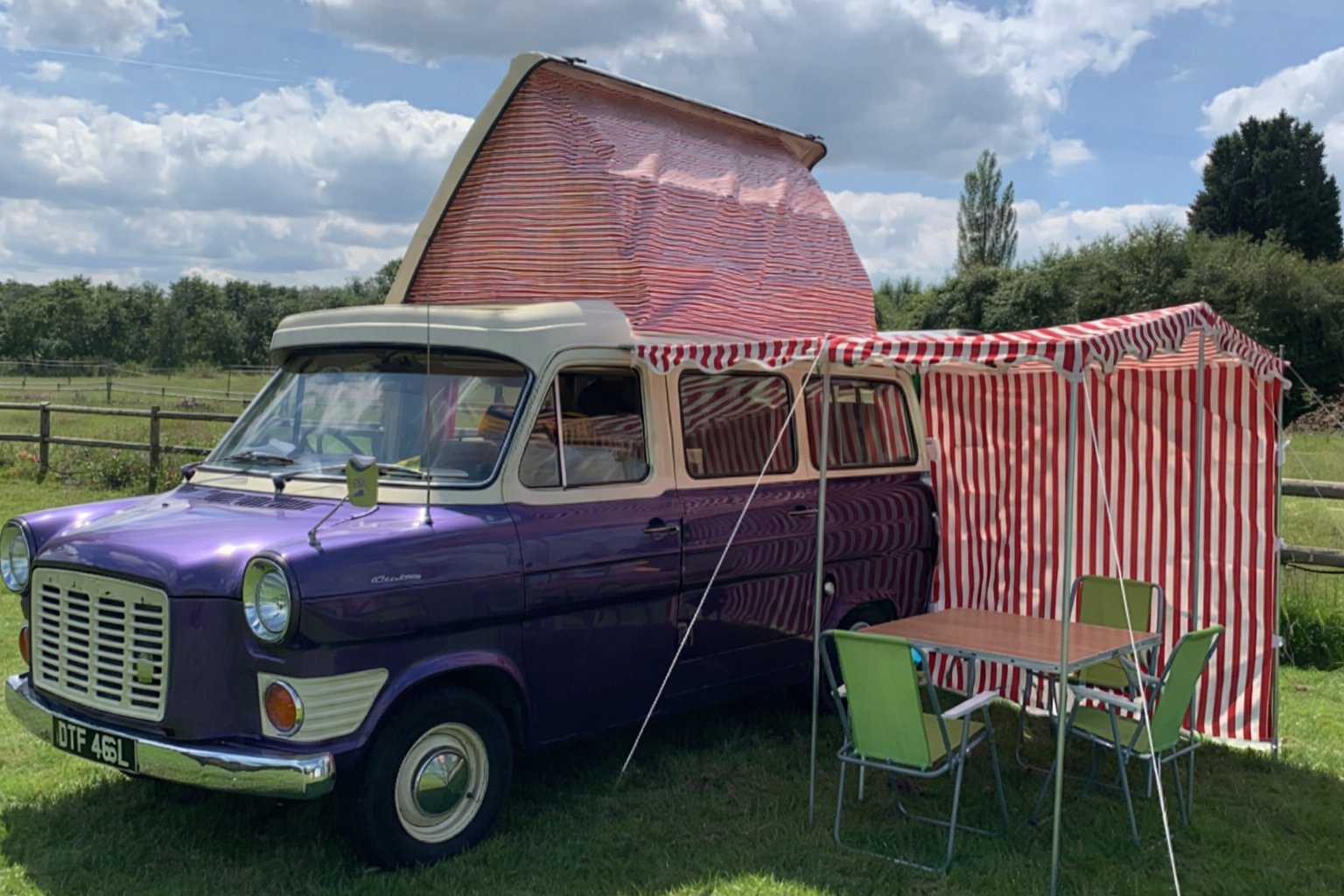 Candy Camper – 1972 Ford Transit Mk1 with striped awning